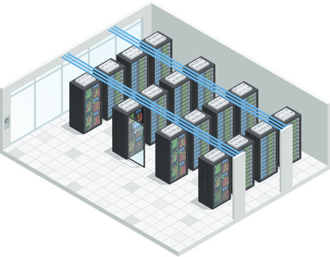 Isometric mainframe server storage equipment cluster with open digital database laptop workstation vector