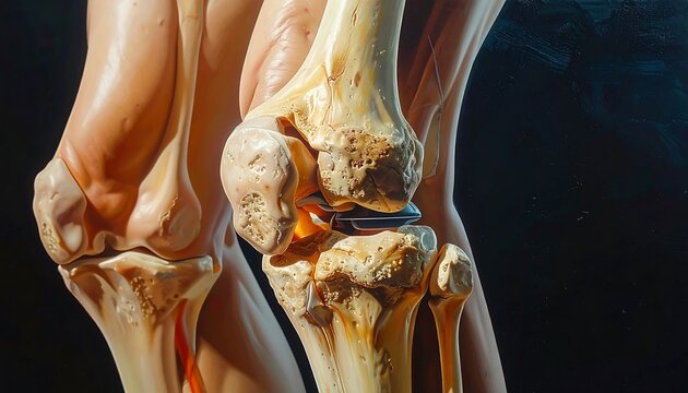 Close-up of a detailed medical model. Focuses on the knee joint, showcasing bones and cartilage against a dark background