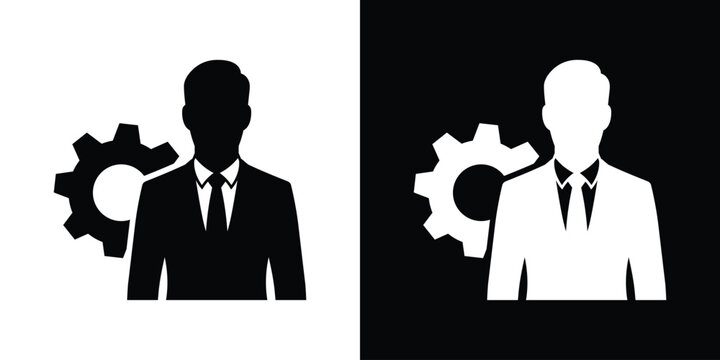 Corporate businessman icon with a gear wheel. Perfect for technical support, management, or business processing concepts.