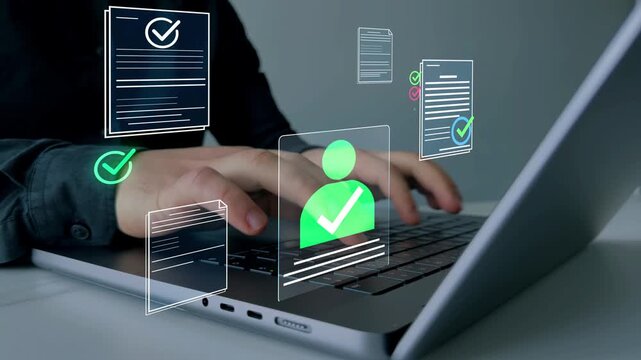 Business recruitment workflow with employee applications. CV review and hiring approval process displayed on digital interface in corporate.