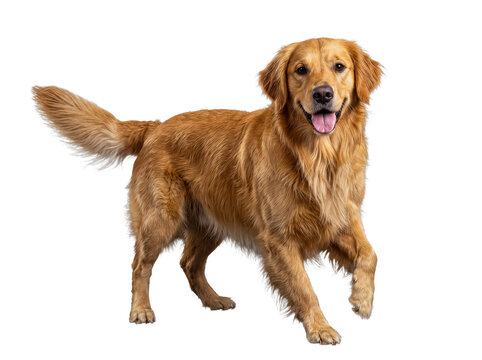 A happy Golden Retriever dog with golden fur, smiling and trotting forward, isolated on transparent background.