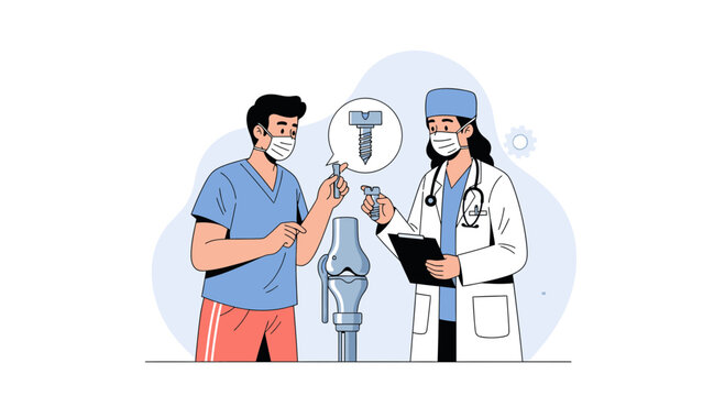 Doctor and patient discuss knee surgery with implant screw and model