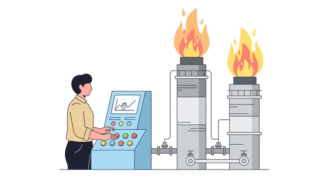Operator controlling industrial flare stacks with control panel.