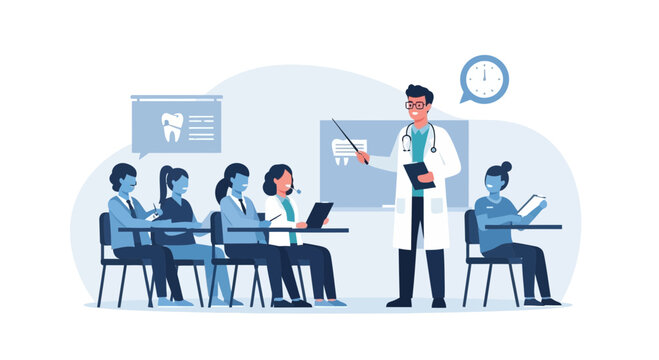 Dentistry students attending class with doctor instructor pointing at tooth diagram