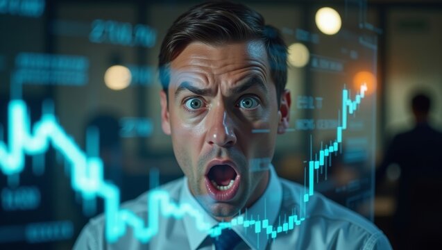 Male financial analyst in a white shirt reacts with surprise in front of a digital stock market display showing fluctuating graphs and data in a modern office environment