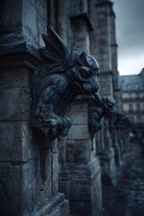 Naklejka premium Grotesque stone guardians atop ancient arches in a moody Gothic cathedral scene