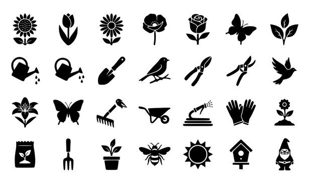 Garden silhouette icon vector collection with flowers butterflies birds and tools isolated on white background