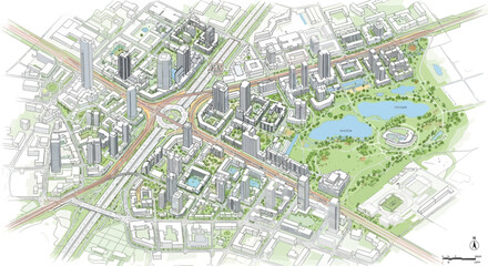 Fototapeta premium Architectural rendering of a modern city master plan featuring skyscrapers, roads, a roundabout, and a large park with lakes.