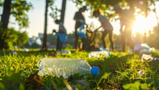 Community volunteers diligently clean up plastic waste in a vibrant park at sunset, fostering environmental responsibility and promoting a greener future for all