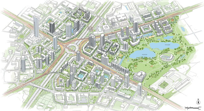 Architectural rendering of a modern city master plan featuring skyscrapers, roads, a roundabout, and a large park with lakes.