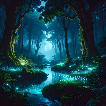 Sc&egrave;ne de for&ecirc;t enchant&eacute;e avec rivi&egrave;re