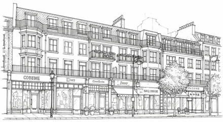 Obraz premium Detailed black and white architectural sketch of a bustling European street with shops and apartments.