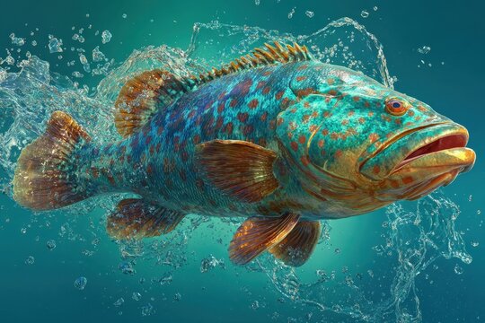 Dynamic illustration of a large grouper breaking the surface in bright reef light