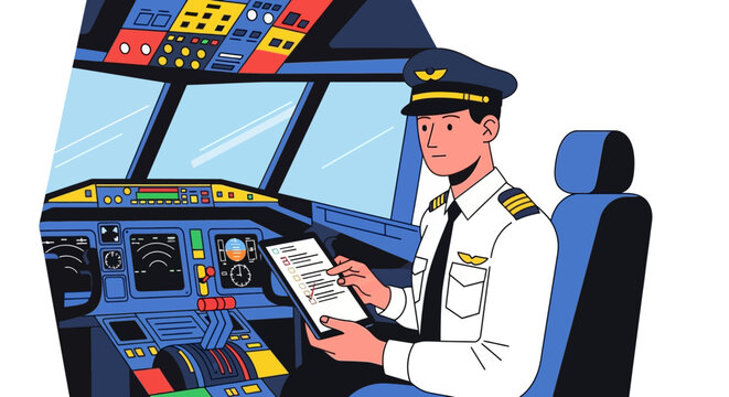 Pilot in cockpit reviewing flight plan document.