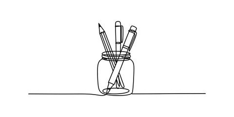Continuous line drawing of pens and pencils in a jar, simple art style © Badhon_Art Gallery