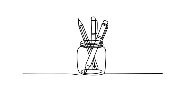 Continuous line drawing of pens and pencils in a jar, simple art style