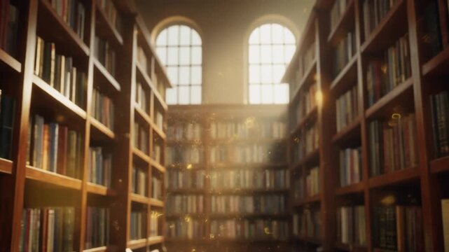 Sunlit Classic Library Aisle with Wooden Bookshelves &ndash; Education Footage
