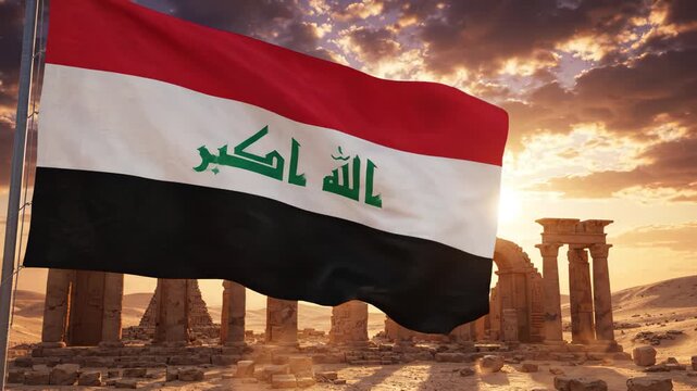 Iraqi flag waving at ancient ruins