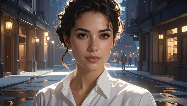 Portrait d'une femme, rue de la ville, lumi&egrave;re du soleil