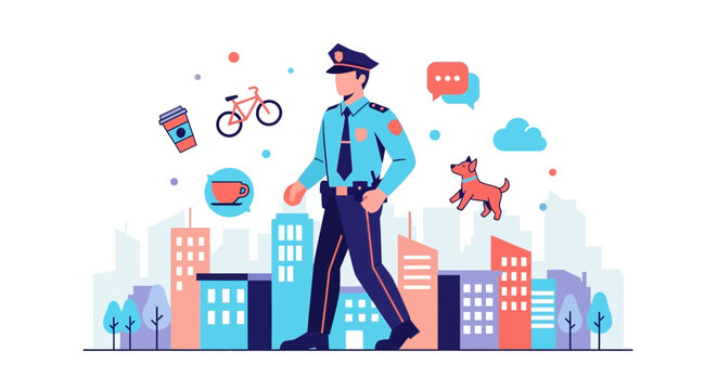 Police officer patrolling city streets with community elements.