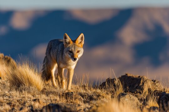 Dusicyon culpaeus in rugged Patagonian landscape: solitary fox on the open plain with distant mountains