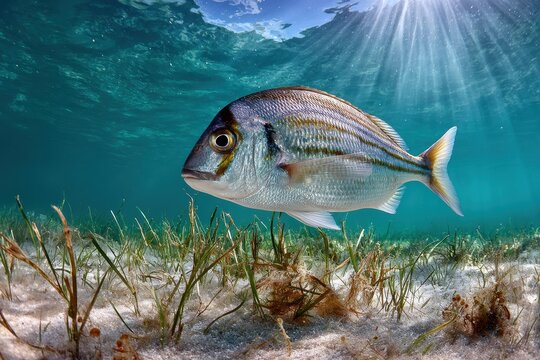 Common two-banded seabream in clear coastal waters, underwater photograph