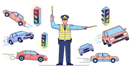 Naklejka premium Traffic controller directing cars with signals and gestures.