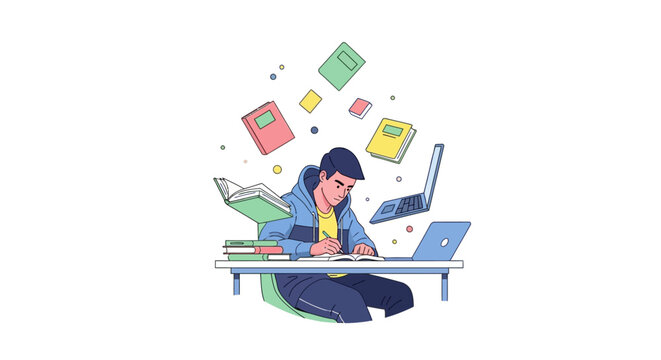 Student studying hard with books and laptops at desk.