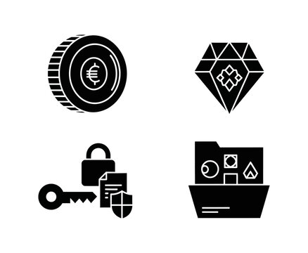Secure data access and cryptocurrency investment concepts illustrated with icons digital coin, gemstone, locked documents, and folder with icons