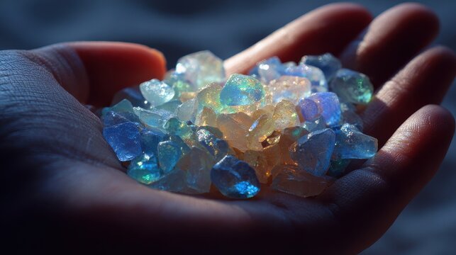 Close-up of polished crystals in a palm, clear quartz and opalite glowing