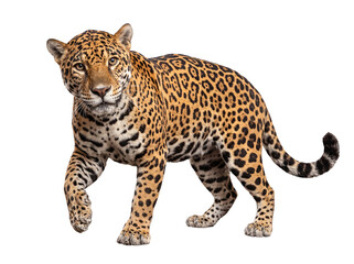 Majestic jaguar with distinctive spotted fur, walking gracefully forward, looking intently into the camera. © Jennafer