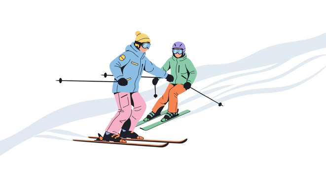 Two children skiing down a snowy slope together.