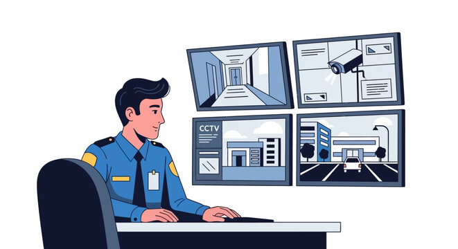 Security Guard Monitoring Surveillance Screens in Control Room.