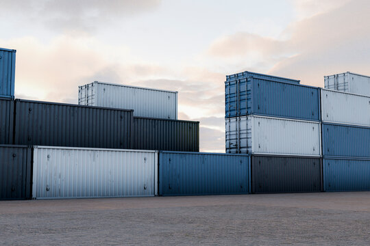 3D industrial container yard with stacked cargo at dusk