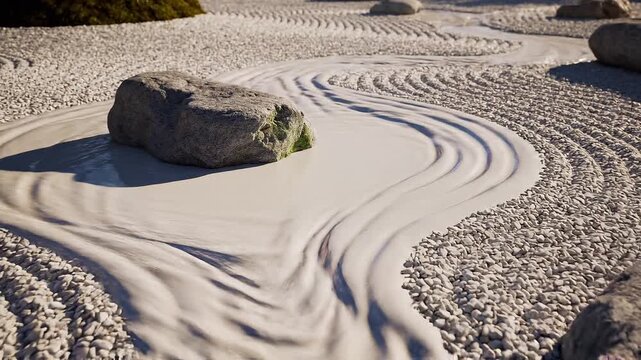 Raked gravel in a Japanese rock garden transforming into flowing liquid