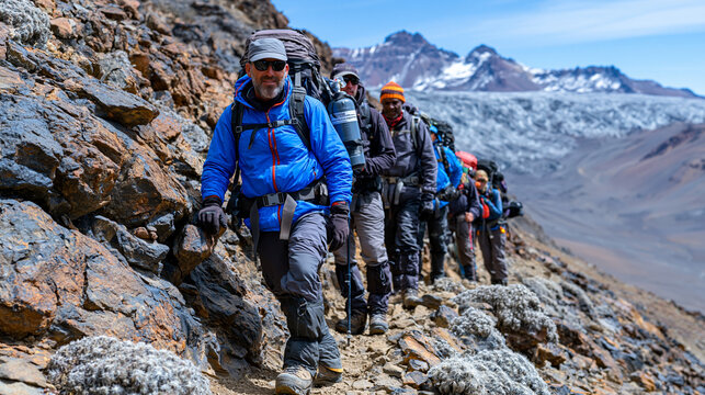 Acclimatization hike group pausing at intermediate altitude waypoint, medical-grade portable oxygen device visible in guide's pack, rocky trail ascending toward snowline with high-altitude plateau s