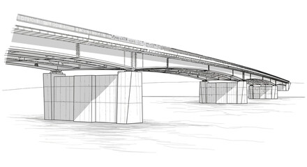 Naklejka premium Architectural sketch of a modern bridge structure with multiple piers and a long span, rendered in a wireframe style.