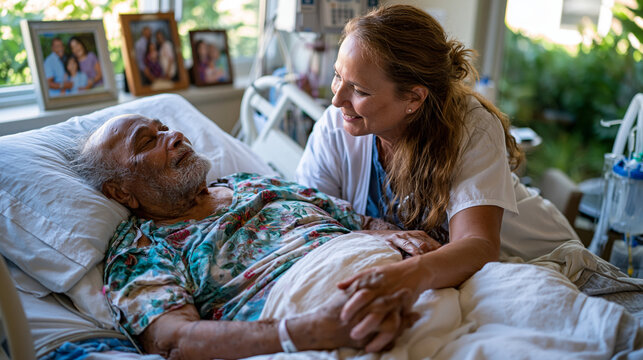 Hospice nurse kneeling beside bed of elderly palliative care patient holding hands in sunlit private room, framed family portraits on windowsill, soft afternoon light, quiet dignity in both faces, m
