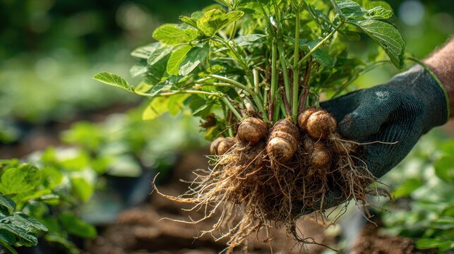 Fresh peanut plants with exposed roots and pods after harvest in a sunlit field