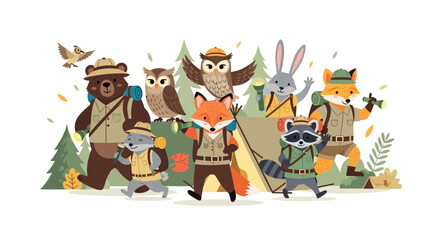Fototapeta premium Cute camping animals cartoon. Bear, fox, raccoon, owl, rabbit vector
