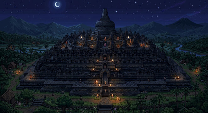 Pixel Art Illustration of Borobudur Temple at Night with Glowing Lanterns and Starry Sky