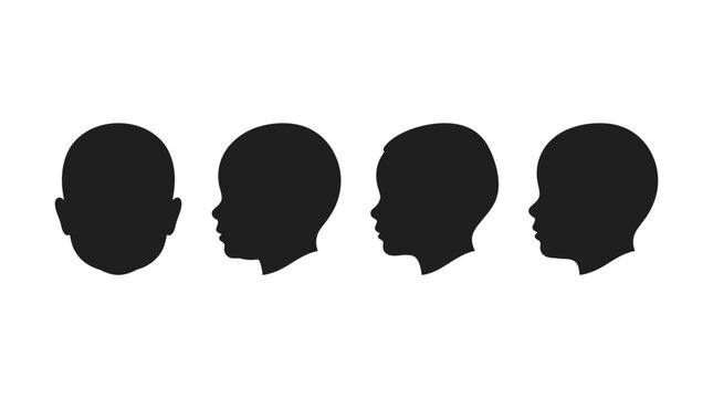 Minimalist vector illustration showing four black silhouettes of a young child head in different angles