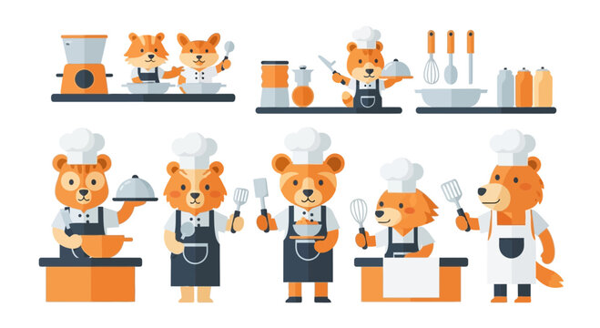 Cute cartoon animal chefs cooking and baking in kitchen set with utensils