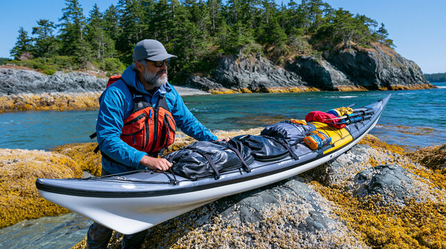 Sea kayaker pulling loaded touring kayak above tide line on uninhabited coastal island, dry bags and camping kit arranged on barnacled rock beside vessel, evergreen headland and sheltered cove formi