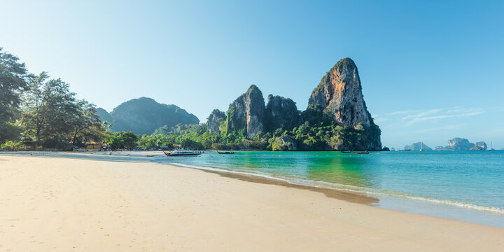 Limestone Cliffs and Tropical Beach at Railay Beach in Krabi Thailand