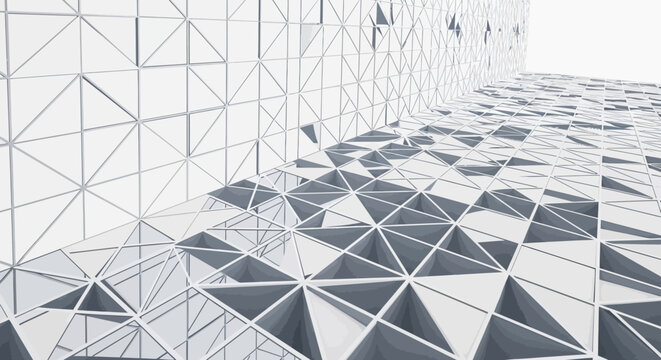 Futuristic modern architecture with intricate geometric triangular patterns. Abstract white and silver contemporary design.
