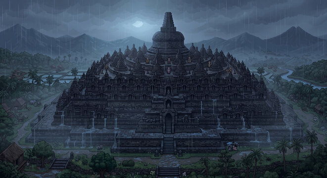 Pixel Art Illustration of Ancient Borobudur Temple in Heavy Rain and Moody Atmosphere