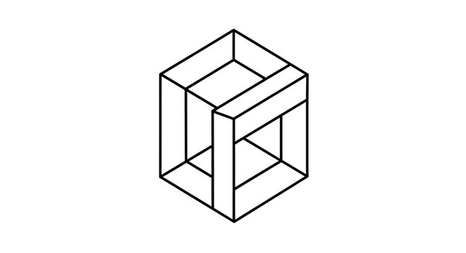 Impossible cube optical illusion line art drawing. Abstract geometric contradictory perception graphic. Paradox three-dimensional shape.