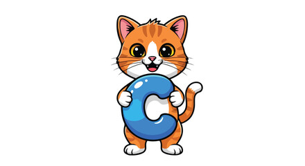 Obraz premium Cute cartoon kitten holding a blue letter C with big expressive eyes and playful demeanor