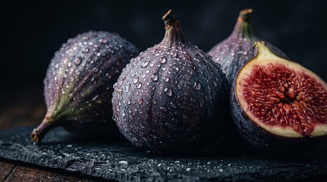 Extreme close up figs with cinematic glossy fruit texture.